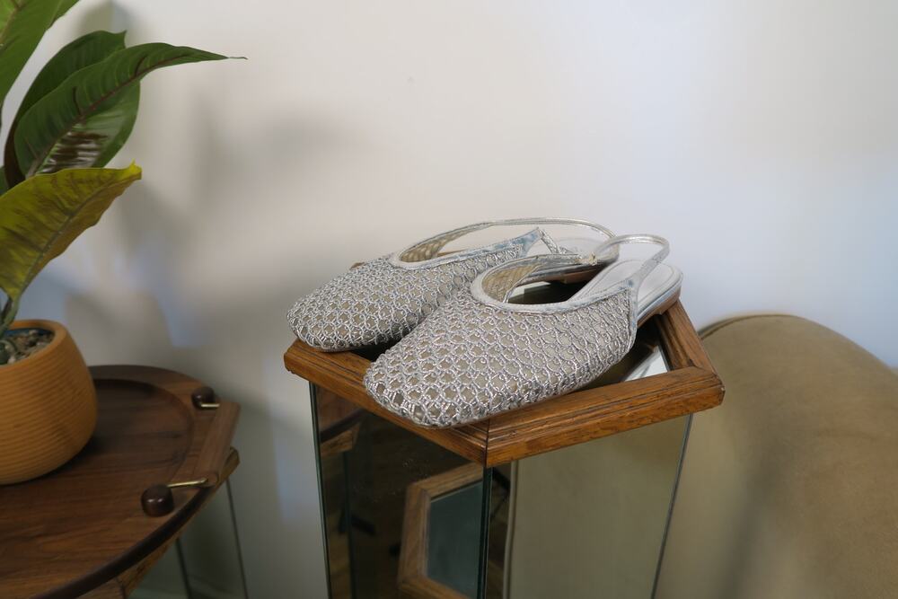 Zara Silver Metallic Mesh Slingback Mules